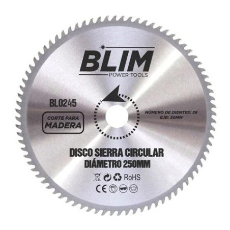 Blim Disco Corte de Madera para Sierra 250mm - 36 Dientes con Recubrimiento en Carburo de Tungsteno