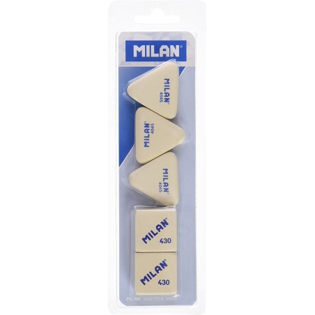 Milan Pack de 5 Gomas de Borrar, 3x Gomas 4045 Nata Triangulares + 2xGomas 430 Cuadradas - Miga de pan - Caucho Suave Sintetico 