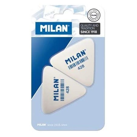 Milan 428 Pack de 2 Gomas de Borrar Triangulares - Miga de Pan - Suave Caucho Sintetico - Color Blanco
