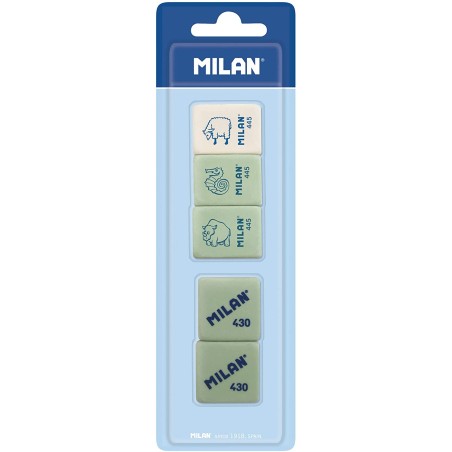 Milan Pack de 5 Gomas de Borrar, 3xGomas 445 Nata Rectangulares + 2xGomas 430 Cuadradas - Miga de pan - Caucho Suave Sintetico -