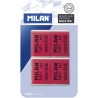 Milan Nata 624 Pack de 4 Gomas de Borrar Rectangulares - Plastico - Suave - No Abrasiva - Color Rojo/Blanco