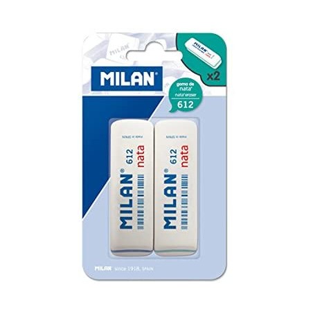 Milan Nata 612 Pack de 2 Gomas de Borrar Biseladas - Plastico - Suave - No Abrasiva - Color Blanco