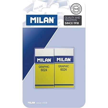 Milan Nata 6024 Graphic Pack de 2 Gomas de Borrar Rectangulares - Plastico - Faja de Carton Amarilla - No daña el Papel - Color 