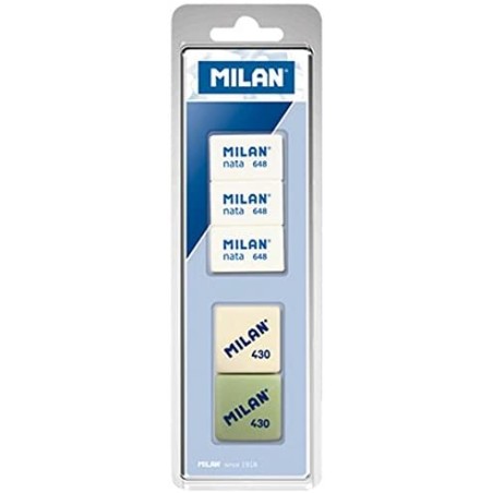 Milan Pack de 5 Gomas de Borrar + 3x Gomas 648 Nata Rectangulares + 2x Gomas 430 Cuadradas - Colores Surtidos