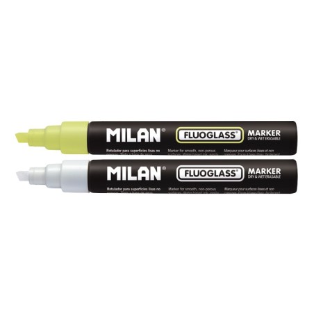 Milan Fluoglass Pack de 2 Rotuladores para Superficies Lisas - Punta Biselada - Trazo de 2 a 4mm - Tinta al Agua - Borrado Facil