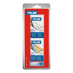 Milan Pack de 2 Cajas de 10 Tizas, 1xCaja Tizas Blancas, 1x Caja Tizas Colores - Redondas - No Contienen Caseina - Colores Surti
