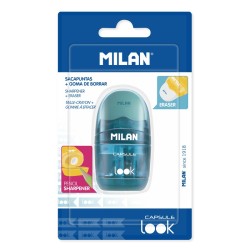Milan Blister Afilaborras CAPSULE LOOK - Sacapuntas y Goma de Borrar - Cuchilla de Acero al Carbono - Para todo tipo de Lapices 