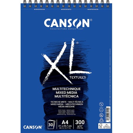 Canson Xl Mix Media Bloc de Dibujo Acuarela de 30 Hojas A4 - Grano Medio - Microperforado Espiral - 21x29.7cm - 300g - Color Bla