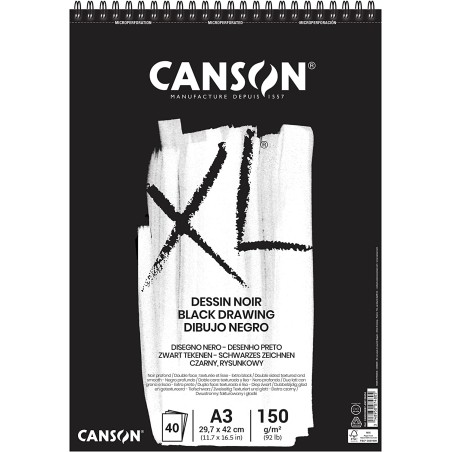 Canson XL Black Bloc de 40 Hojas A3 - Grano Fino - Espiral Microperforado - 29.7x42cm - 150g - Color Negro