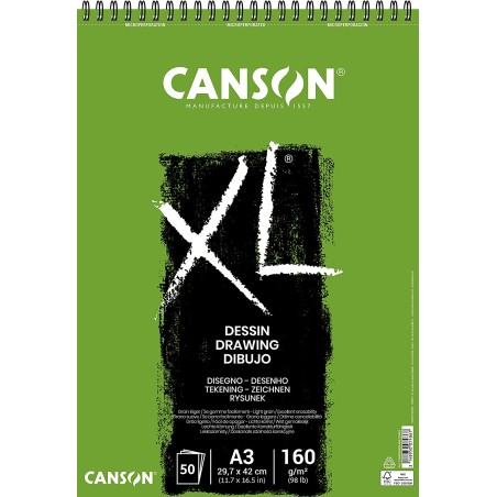 Canson XL Dessin Ligero Bloc de Dibujo con 50 Hojas A3 - Espiral Microperforado - 29.7x42cm - 160g - Color Blanco