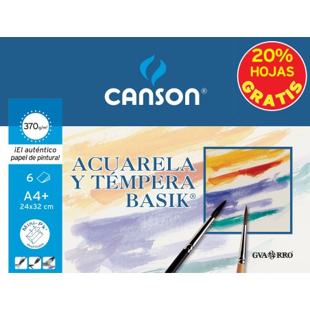 Canson  Minipack Promo 6 Hojas Acuarela Basik - 24x32 - 370g - 20% Hojas Gratis - Color Blanco