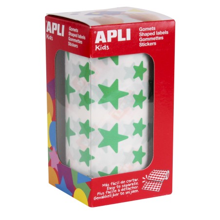 Apli Gomets Estrella Verde - 12.5mm y 19.5mm - Adhesivo Permanente - 2360 Gomets por Rollo - Ideal para Escuelas y Talleres Infa