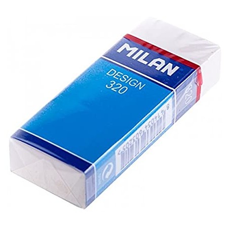 Milan Nata 320 Goma de Borrar Rectangular - Plastico - Faja de Carton Azul - Envuelta Individualmente - Color Blanco