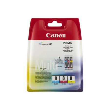 Canon CLI8 Pack de 3 Cartuchos de Tinta Originales - Cian, Magenta, Amarillo - 0621B029