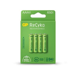 GP ReCyko Pack de 4 Pilas Recargables 650mAh AAA 1.2V - Precargadas - Fabricadas con mas del 10% de Materiales Reciclados