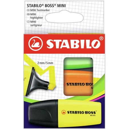 Stabilo Boss Mini Pack de 3 Marcadores Fluorescentes - Trazo entre 2 y 5mm - Tinta con Base de Agua - Antisecado - Colores Surti