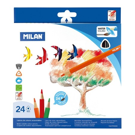 Milan Pack de 24 Lapices Triangulares Acuarelables + Pincel - Mina 2.9mm - Trazo Uniforme - Resistente a la Rotura - Colores Sur