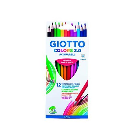 Giotto Colors Acquarell 3.0 Pack de 12 Lapices Triangulares de Colores Acuarelables - Mina 3 mm - Madera - Colores Surtidos
