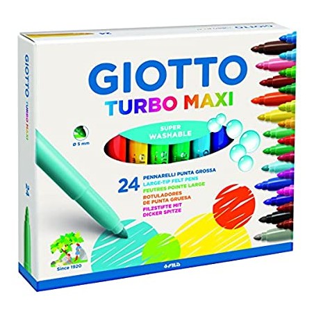Giotto Turbo Maxi Pack de 24 Rotuladores - Punta Gruesa 5mm - Tinta al Agua - Lavable - Colores Surtidos