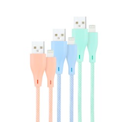 Nanocable Pack de 3 Cables Mallados USB-A Macho a Lightning Macho - Longitud 1m - Colores Pastel Rosa, Verde y Azul