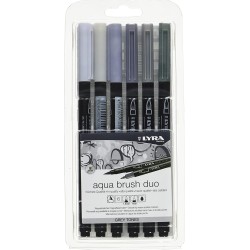 Lyra Aqua Brush Duo Pack 6 Rotuladores de Doble Punta - Trazos 1-5 y 1mm - Tinta Base de Agua - Colores Tonos Grises
