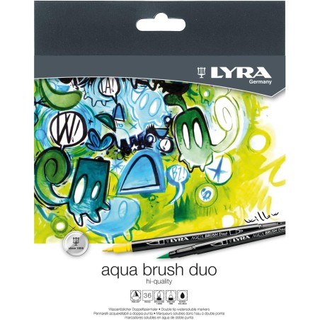 Lyra Aqua Brush Duo Pack de 36 Rotuladores de Doble Punta - Trazos 2 y 4mm - Tinta Base de Agua - Colores Surtidos
