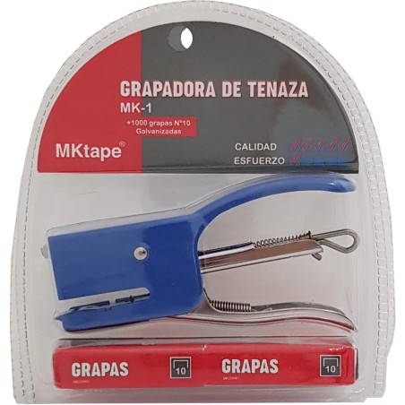 MKtape MK1 Pack de Grapadora de Tenaza Mini + 1000 Grapas Nº 10 - Hasta 12 Hojas - Color Azul