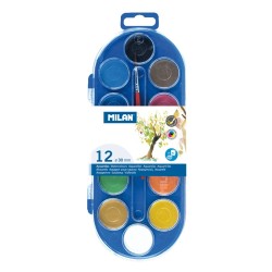 Milan 80011 Estuche de 12 Acuarelas Ø30 mm + Pincel  Serie 101 - Mezclable - Colores Surtidos