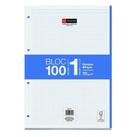 Miquel Rius Bloc1 Bloc Encolado Formato A4 - 100 Hojas de 70gr con 4 Taladros - Banda de las Hojas Azul - Base de Carton - Cuadr