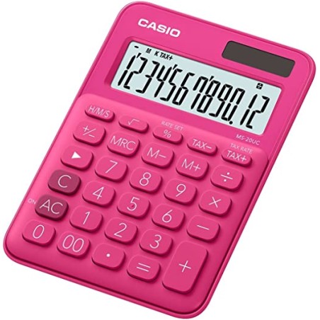 Casio MS7UC Calculadora de Escritorio - Tecla Doble Cero - Pantalla LCD de 10 Digitos - Solar y Pilas - Color Rojo