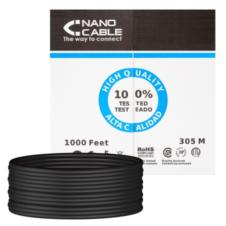Nanocable Bobina de Cable de Red Rigido Impermeable para Exterior RJ45 Cat.6 UTP AWG24 305m - Color Negro