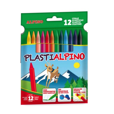 Alpino Pack de 12 Ceras PlastiAlpino para Niños - Material Resistente - No Manchan - Colores Brillantes - Colores Surtidos