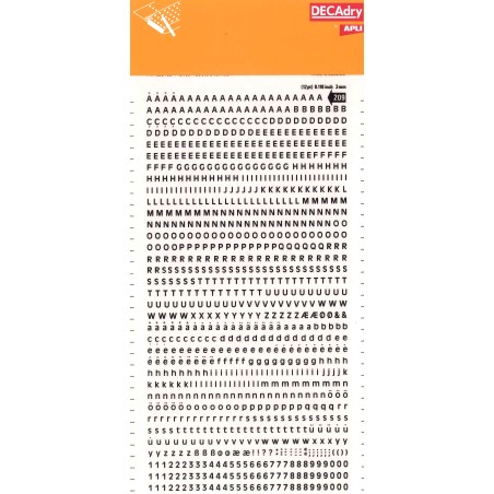 Apli Letras y Numeros Transferibles Super 3mm 997 Caracteres - Negros Brillantes
