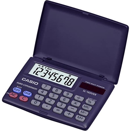 Casio SL160VER Calculadora con Tapa - Formato Horizontal - Funcion Conversor de Euros - Pantalla LCD de 8 Digitos - Solar y Pila