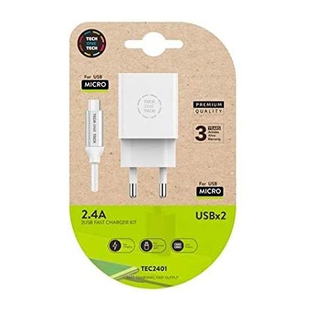 TechOneTech Cargador Doble de Pared + Cable USB-A a Micro-USB 2.4 1m - Recubierto de Nylon Trenzado