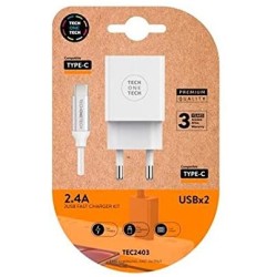 TechOneTech Cargador Doble de Pared + Cable USB-A a USB-C 1m - Recubierto de Nylon Trenzado