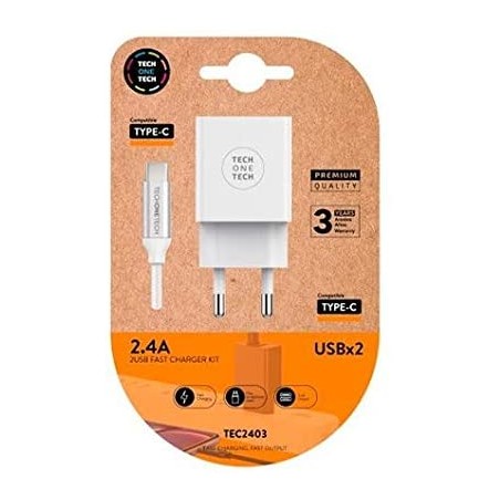 TechOneTech Cargador Doble de Pared + Cable USB-A a USB-C 1m - Recubierto de Nylon Trenzado