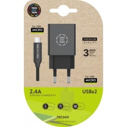TechOneTech Cargador Doble de Pared + Cable USB-A a Micro-USB 2.4 1m - Recubierto de Nylon Trenzado