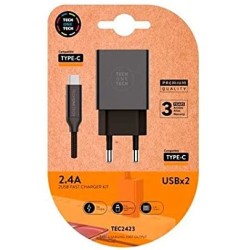 TechOneTech Cargador Doble de Pared + Cable USB-A a USB-C 1m - Recubierto de Nylon Trenzado