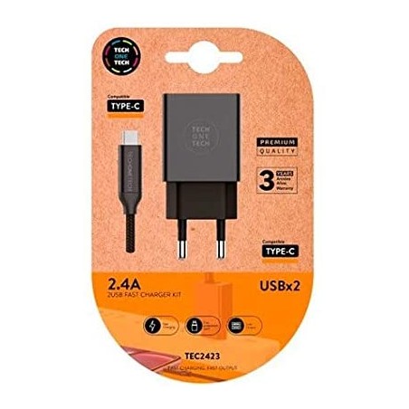 TechOneTech Cargador Doble de Pared + Cable USB-A a USB-C 1m - Recubierto de Nylon Trenzado