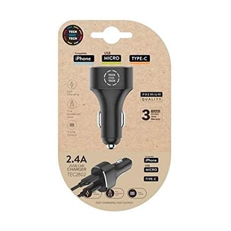 TechOneTech Cargador Doble de Coche USB-A - Alto Rendimiento