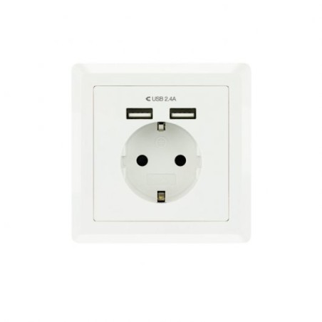 Nanocable Roseta Base de Enchufe de Pared Empotrable Tipo Schuko con 2 Tomas USB 2.4A - Color Blanco