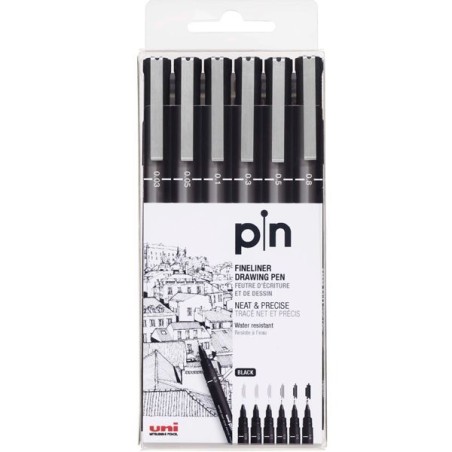 Uni-ball Rotulador Calibrado Uni Pin Estuche 6 ud. - Punta Poliacetal de 0.03, 0.05, 0.1, 0.3, 0.5 y 0.8 mm. - Tinta Resistente 