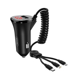 XO CC36 Cargador de Coche 4 en 1 - Carga hasta 4 Dispositivos Simultaneamente - Pantalla LED - Entrada USB y Salidas USB-C, Micr