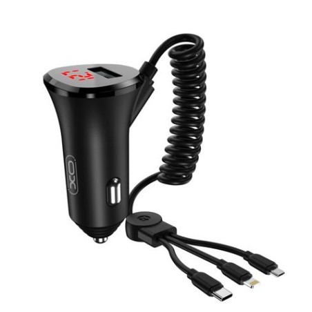 XO CC36 Cargador de Coche 4 en 1 - Carga hasta 4 Dispositivos Simultaneamente - Pantalla LED - Entrada USB y Salidas USB-C, Micr