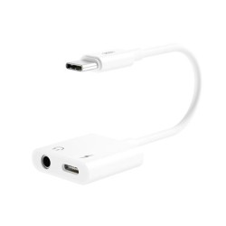 XO Adaptador USB-C Macho a USB-C Hembra y Mini Jack - Admite Carga Ordinaria QC y 5V / 2A - Cable de 15cm