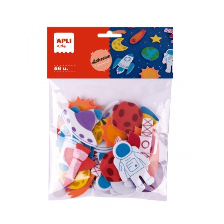 Apli Kids Bolsa de 56 Formas de Goma EVA Adhesivas Tematica Espacio - 14 Diseños Diferentes - Medidas de 3 a 6cm - Colores Surti