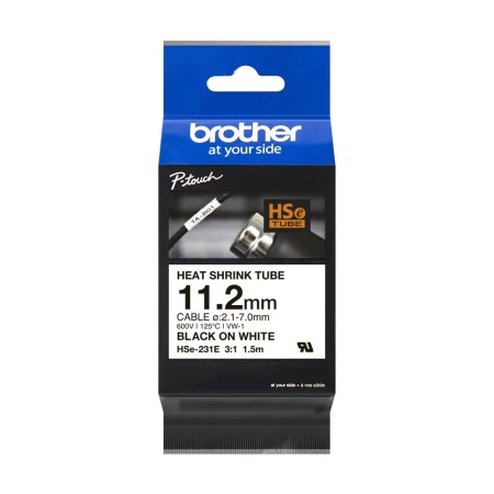 Brother HSe231E Cinta Tubo Termorretractil Original de Etiquetas para Cables - Texto negro sobre fondo blanco - Ancho 11.2mm x 1