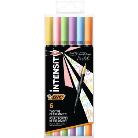 Bic Intensity Dual Tip Pastel Pack de 6 Rotuladores Doble Punta - Punta de Pincel + Punta Fina - Tinta con Base de Agua - Colore