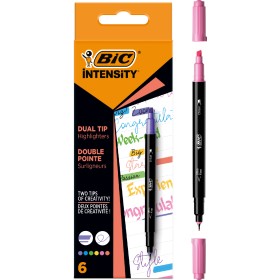 Bic Intensity Dual Tip Pack de 6 Rotuladores Doble Punta - Punta de Biselada + Punta Fina 0.04mm - Tinta con Base de Agua - Colo